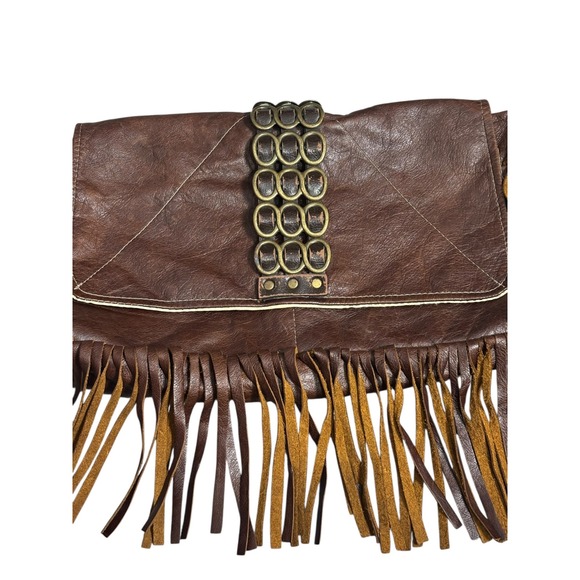 Boho Brown Leather Fringe Clutch Bag Brass Ring Detail Western Festival Bag - Picture 2 of 6